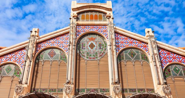 The exterior of the Central Market of Valencia with ceramic decorations, Spain