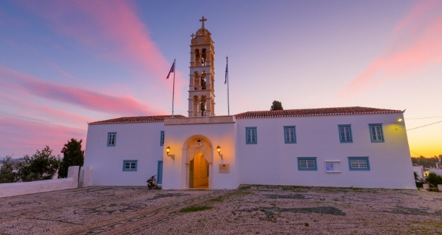 Agios Nikolaos church in Spetses at sunset, Greece