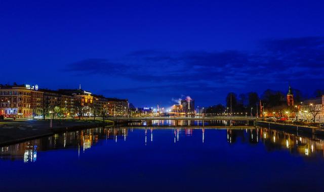 Nissa river and Halmstad at night, Sweden