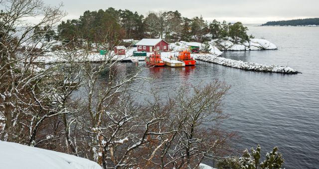 Small islet in the archipelago in Karlshamn covered in snow