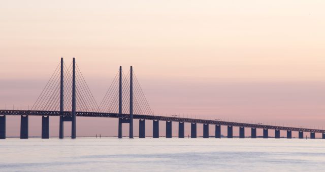 The Øresund Bridge between Sweden and Denmark at sunset