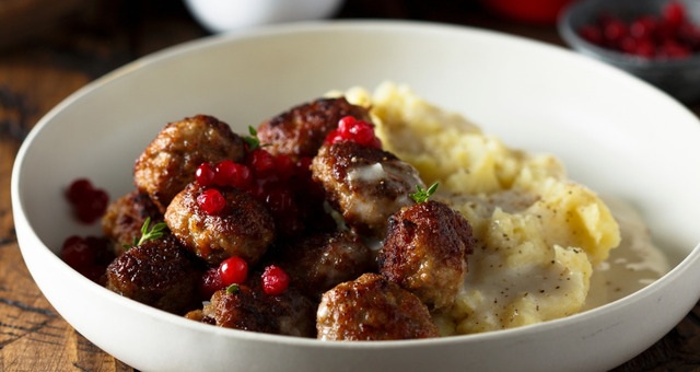 The traditional Swedish dish with meatballs and stirred lingonberries