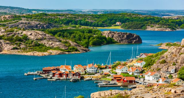 The small fishing village of Fjällback with its church standing out, Sweden