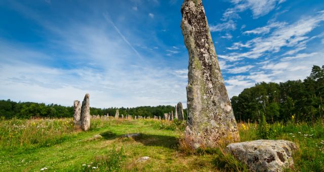 The stone ship in Blomsholm surrounded by forest, Sweden