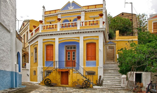 Colorful restored mansion in Symi, Dodecanese, Greece