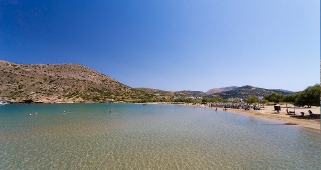 Galissas beach in Syros with sand and tamarisk trees 