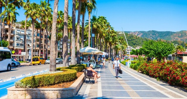 Palm trees line a promenade walk in Marmaris 